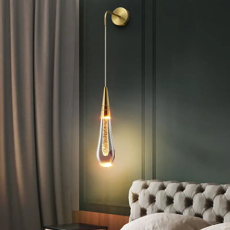 GoldenDrop™ – Luxury Water Drop Wall-Mounted Crystal LED Pendant Light for Bedroom or Living Room