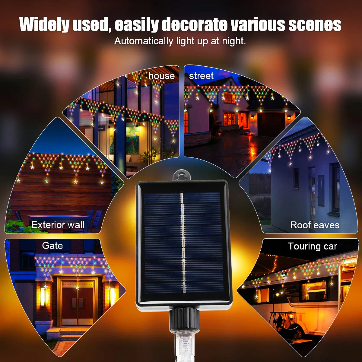 Solar Christmas Star Curtain Lights – LED Waterproof Outdoor Decorative String with 8 Flash Modes