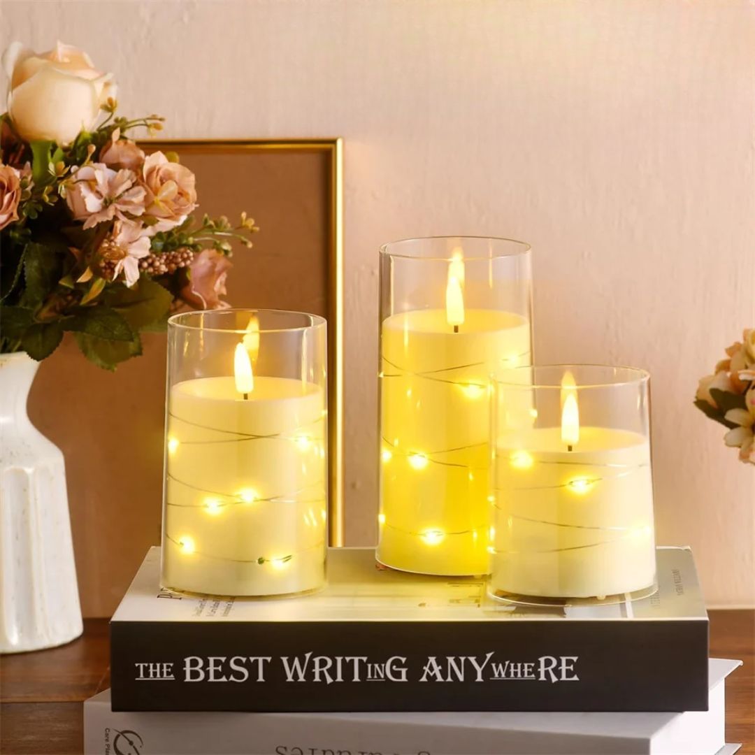 Set of 3 LED Glass Candles with light decoration