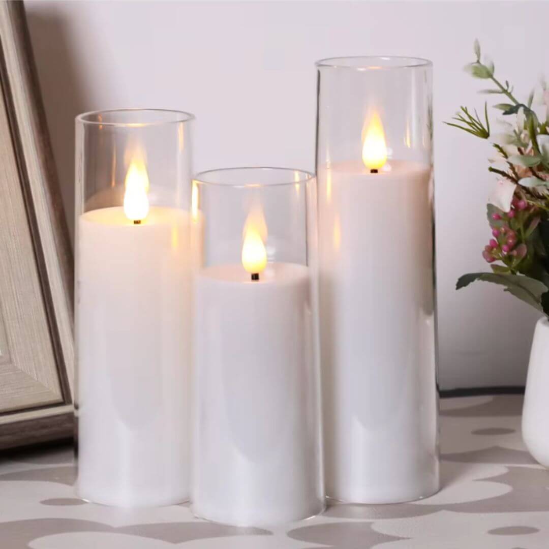 Set of 3 LED Clear Glass Candles