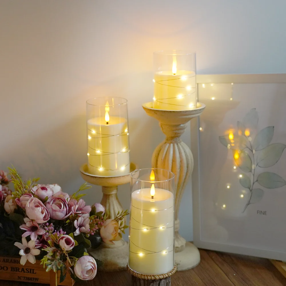 Set of 3 LED Glass Candles with light decoration