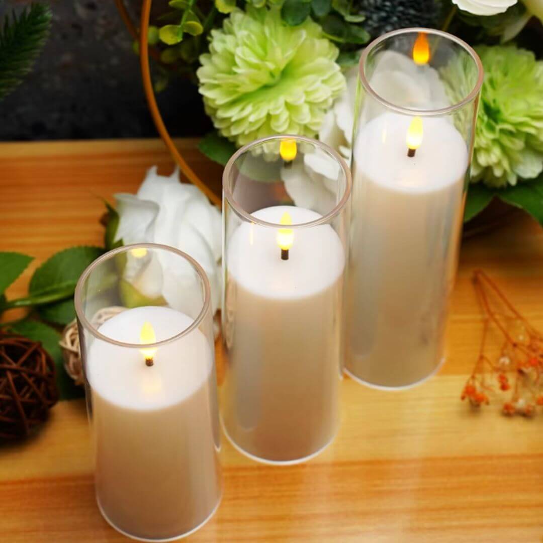 Set of 3 LED Clear Glass Candles