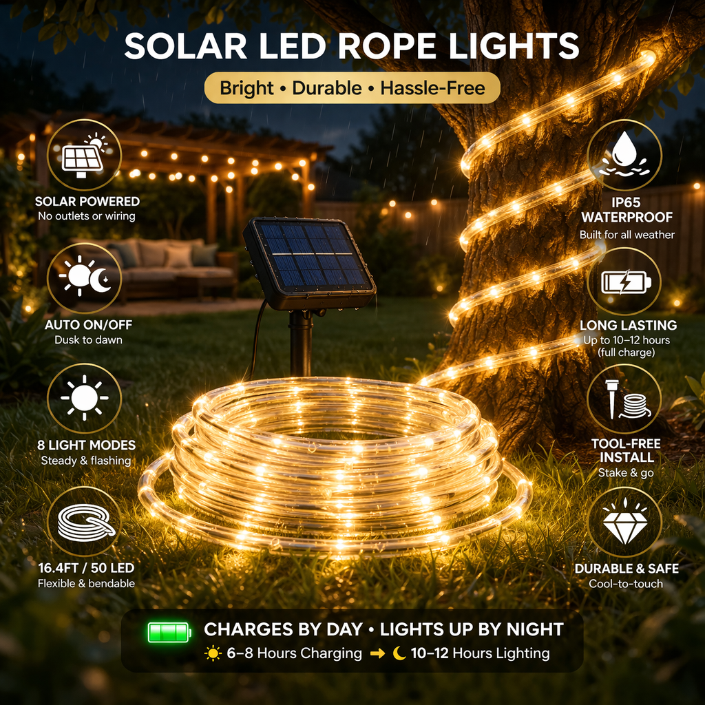 SolarTwine Rope Fairy Lights – Solar-Powered Tube Lights for Garden & Christmas Decor