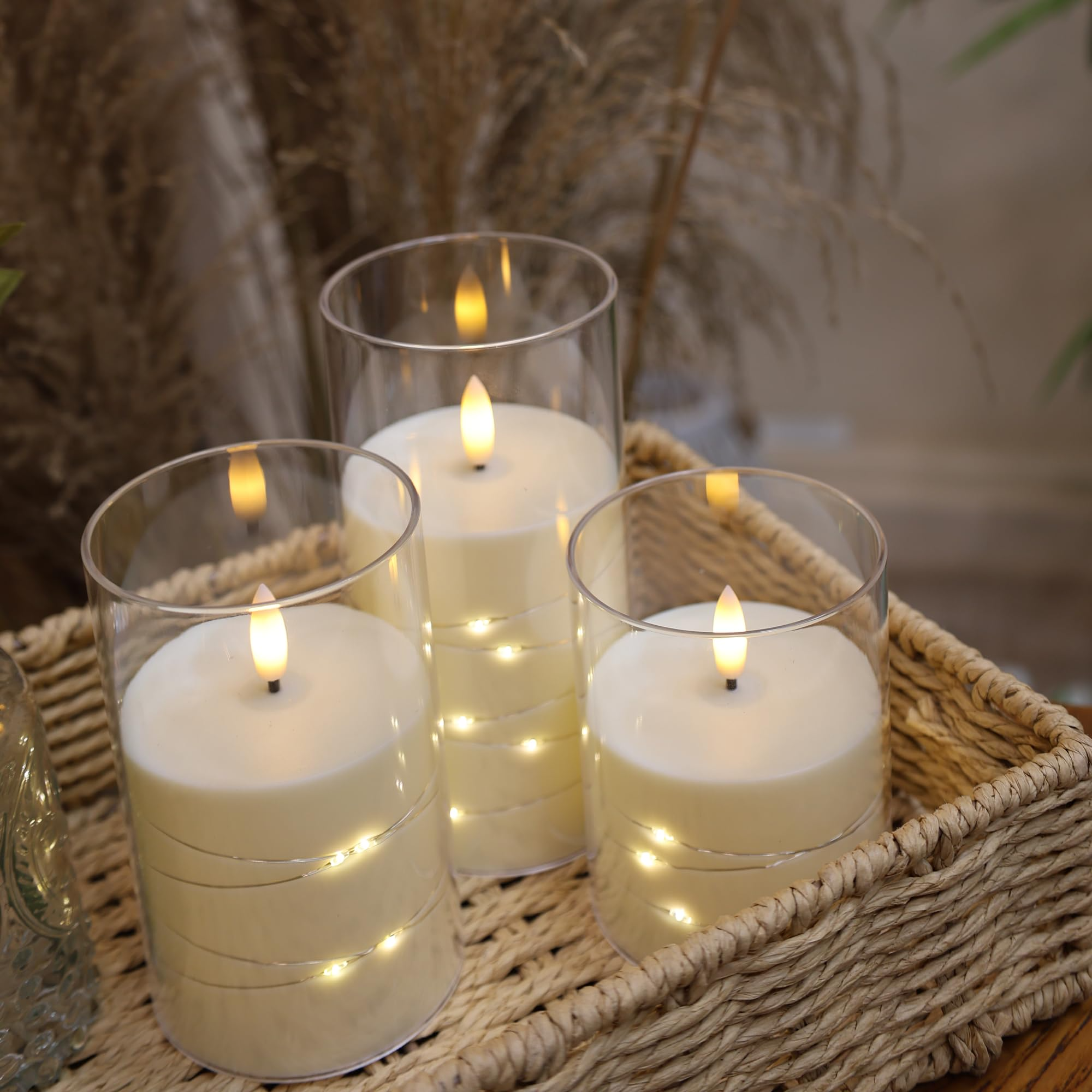 Set of 3 LED Glass Candles with light decoration