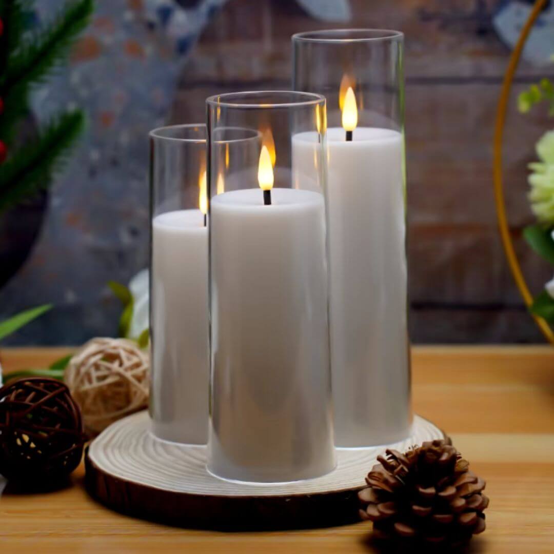 Set of 3 LED Clear Glass Candles