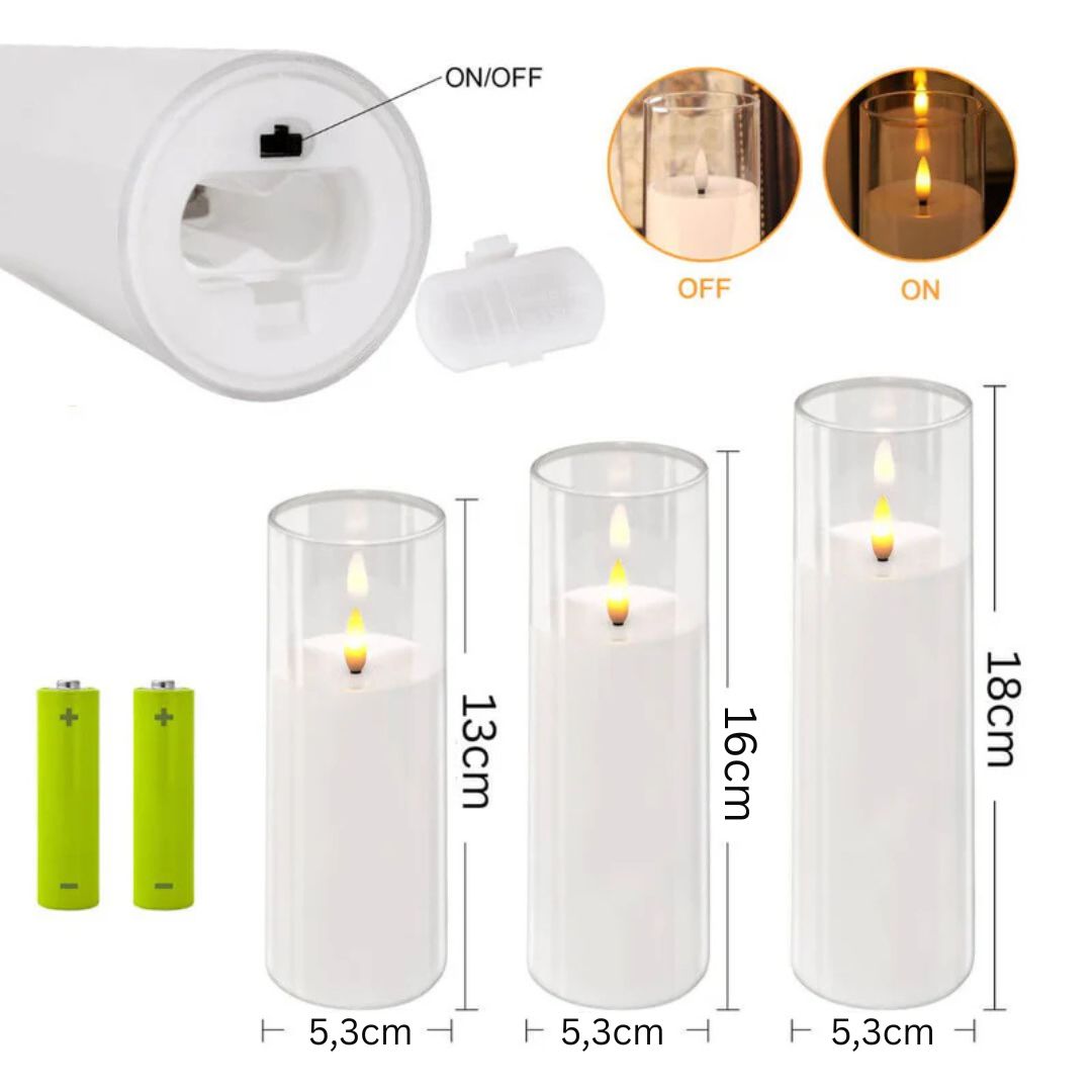 Set of 3 LED Clear Glass Candles